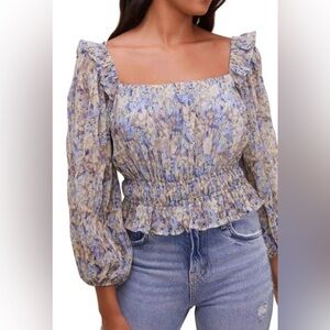 ASTR THE LABEL NEW $98 Elva Floral Ruffle Top Blue Taupe Floral Large